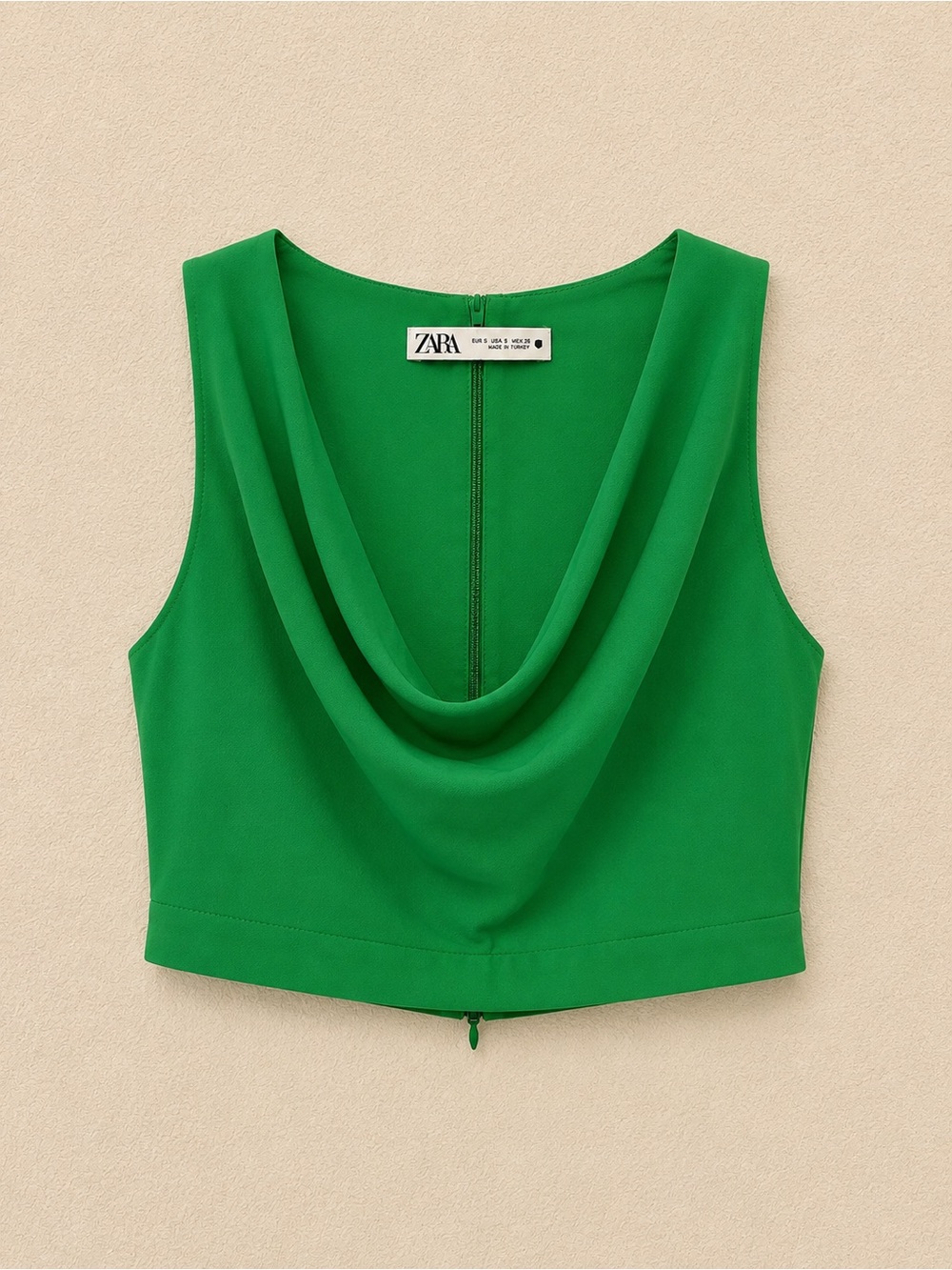 Zara Green Draped Cowl Neck Crop Top Women Small Sleeveless Back Zip